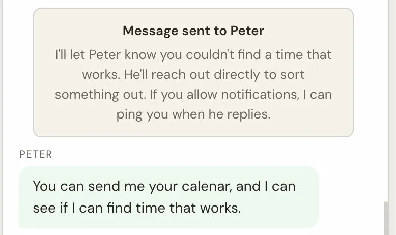 Chat widget showing Peter's reply routed back from Telegram
