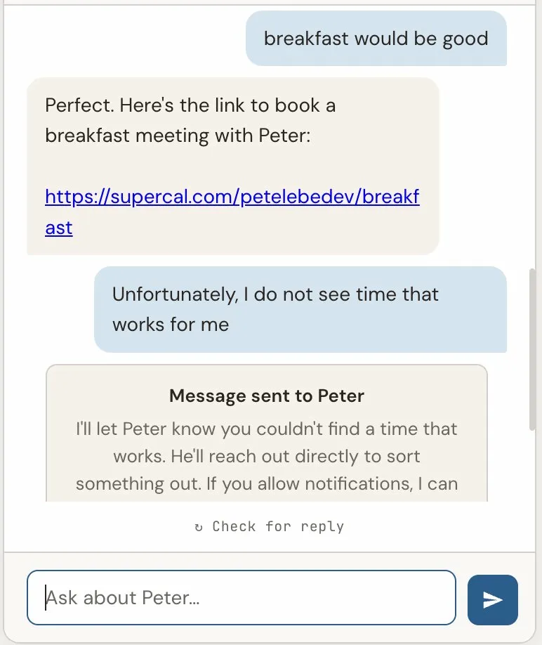 Chat widget showing the relay flow with scheduling link and escalation